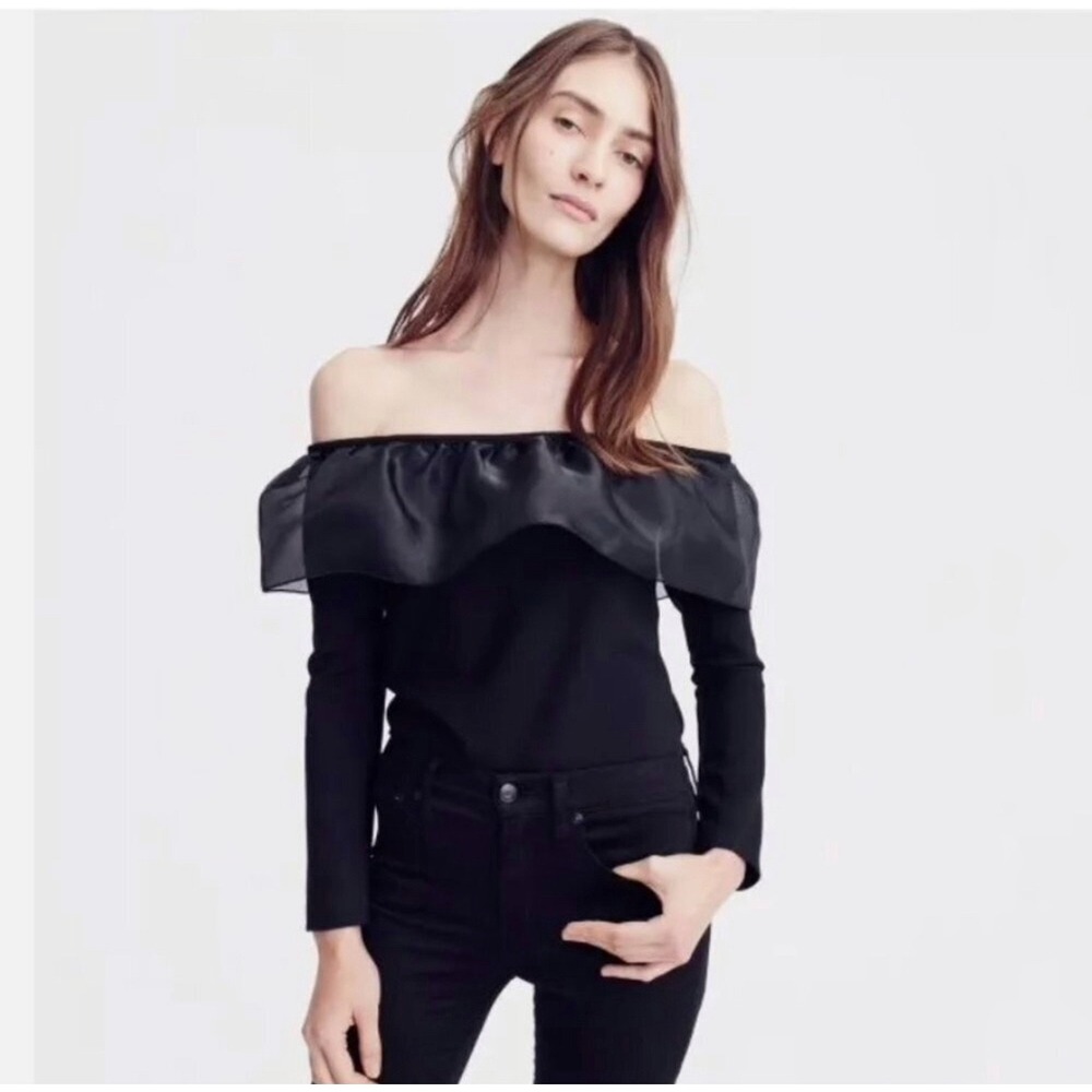 J.Crew Organza‎ Off Shoulder Ruffle Trim Long Sleeve Top Black Size Large